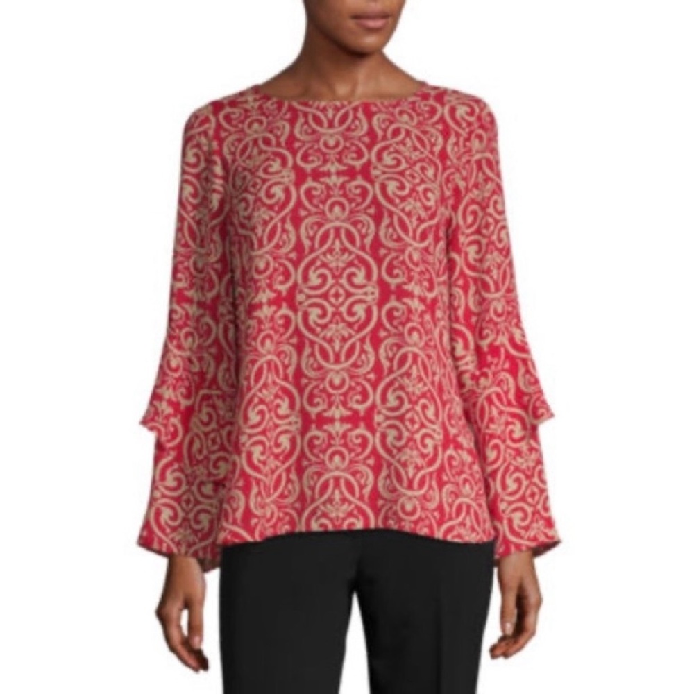 Worthington Women’s Winnie Deco Flowy Blouse Size XL Bell/ruffle Sleeves Classic